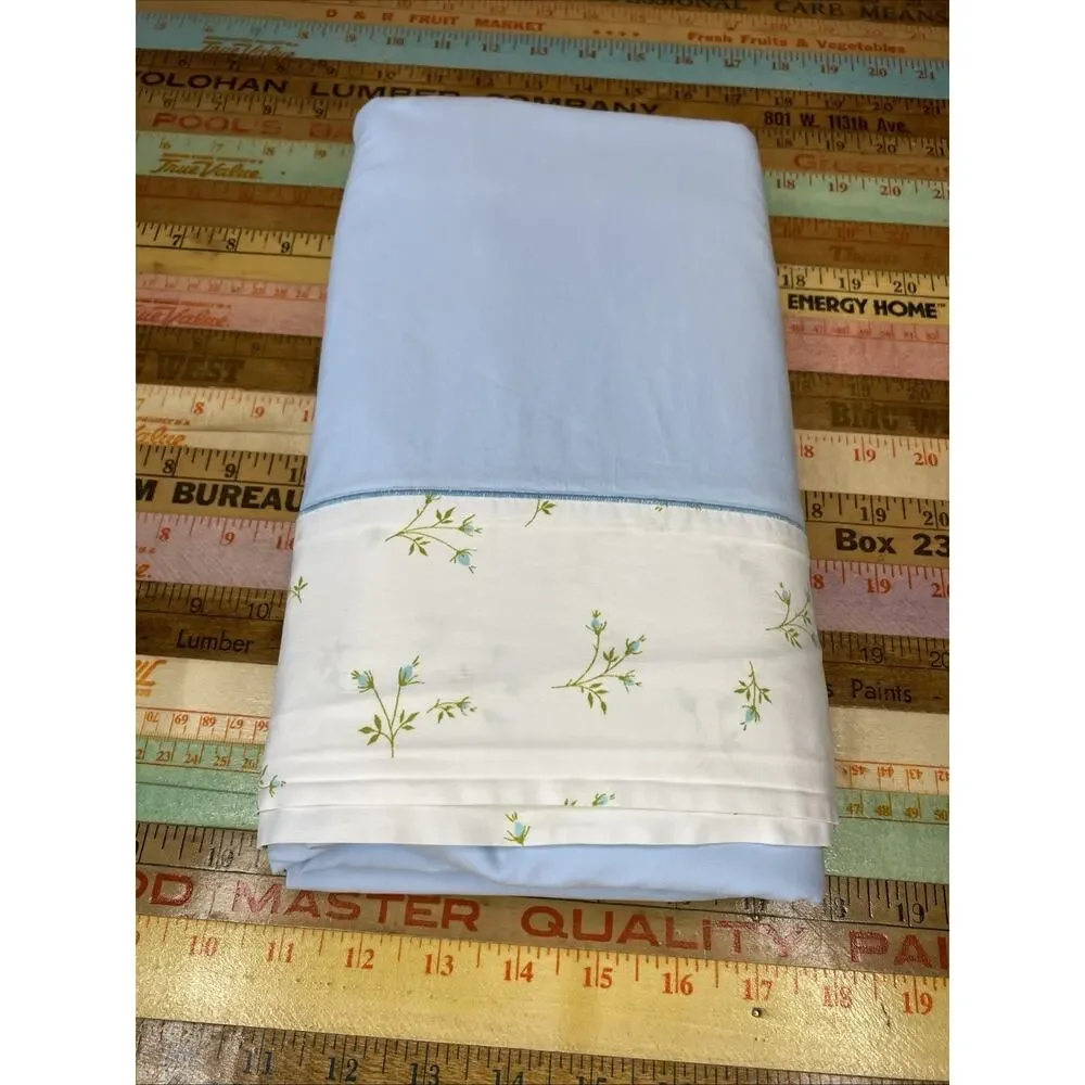 Vintage Cannon Combspun Percale Full Flat Top Sheet Blue Ditsy Floral Roses